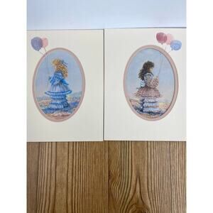 Two Sue Ratliff Matted Prints Young Girl Balloons Pastel Colors 8" x 10"